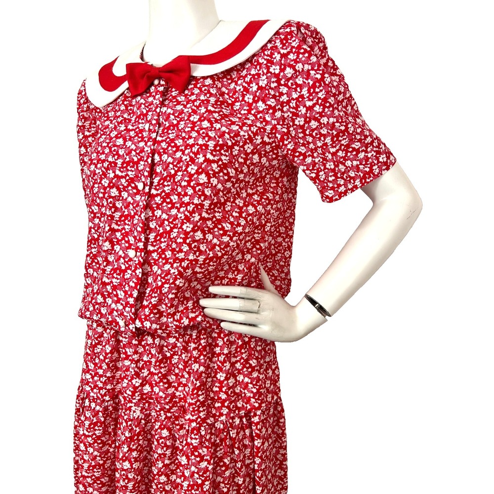 Vintage Patty ONeil Cottagecore Midi Dress M Red Floral Bow Peter Pan Collar EUC - Picture 9 of 14